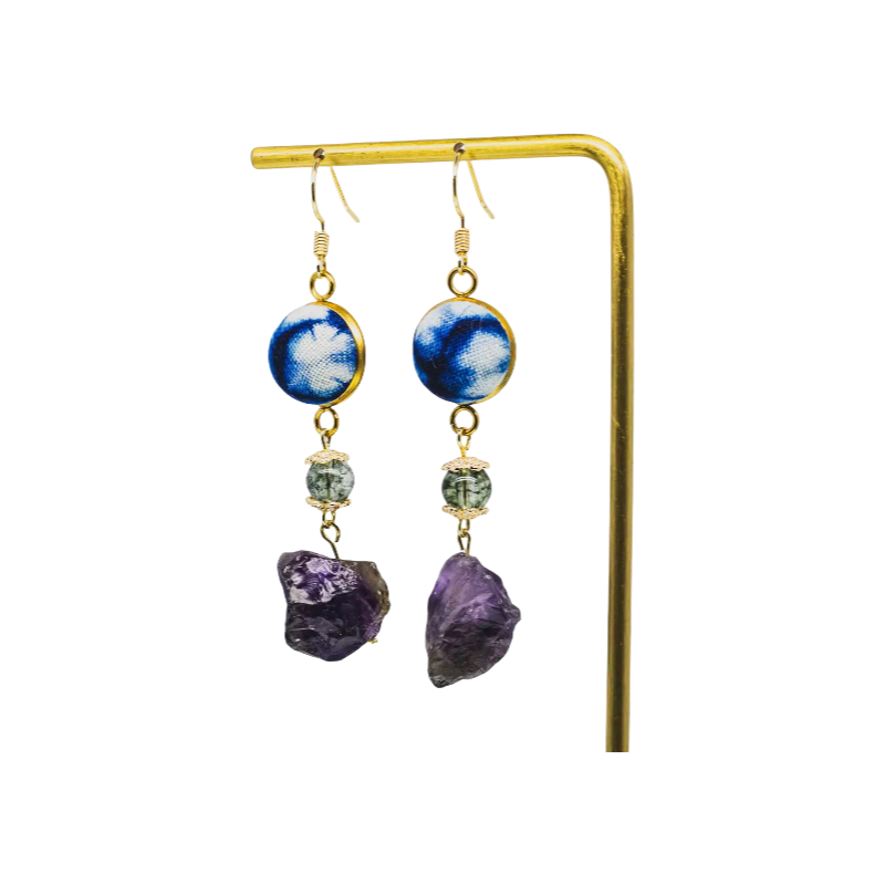 Handmade 14k Tie-Dyed Amethyst Wooden Chinese Style Earrings