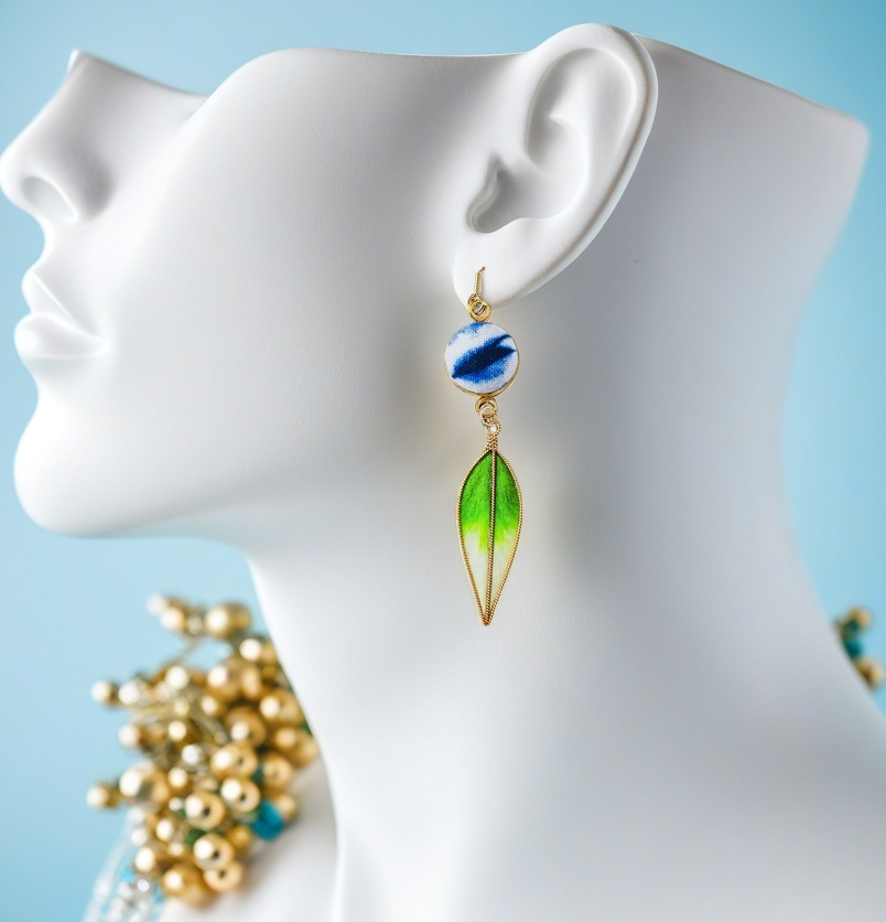 Handcrafted tie-dyed grass green leaf-shaped velvet flower earrings