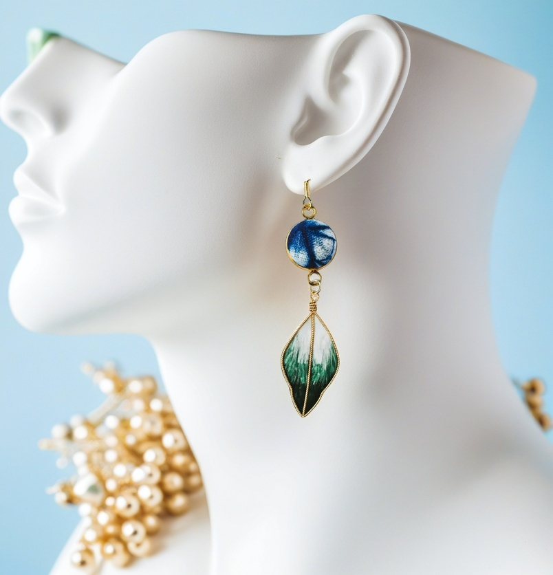 Handmade tie-dyed green velvet flower earrings