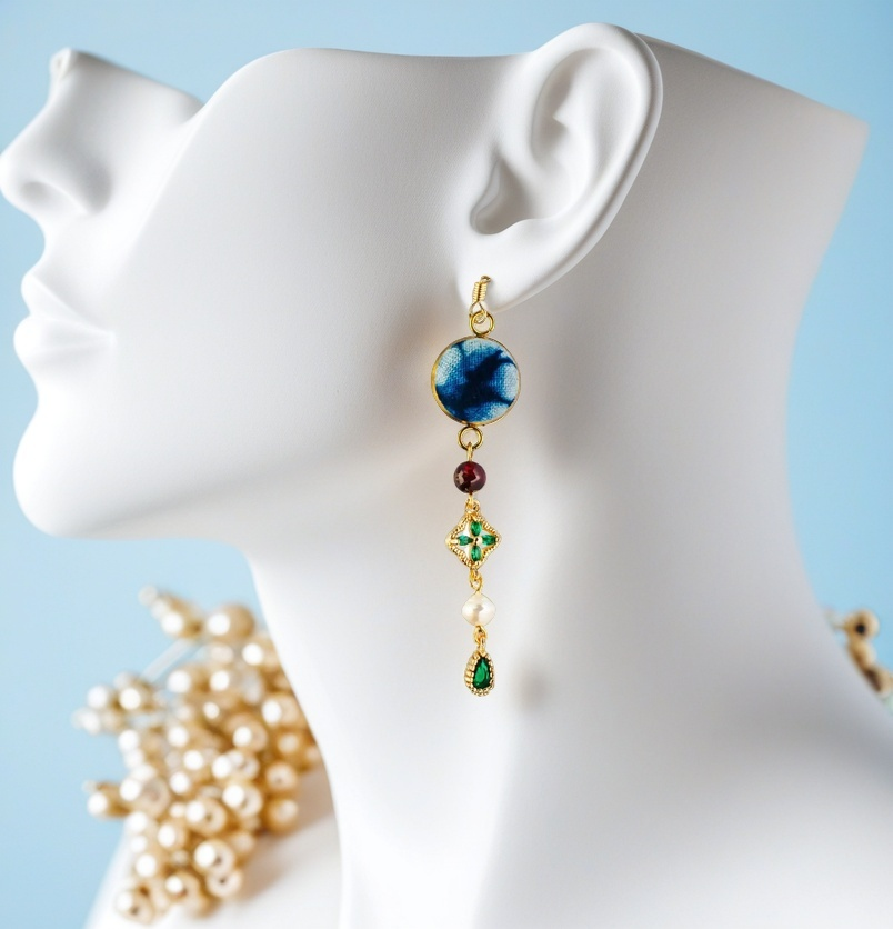 Handcrafted tie-dyed emerald and pearl earrings