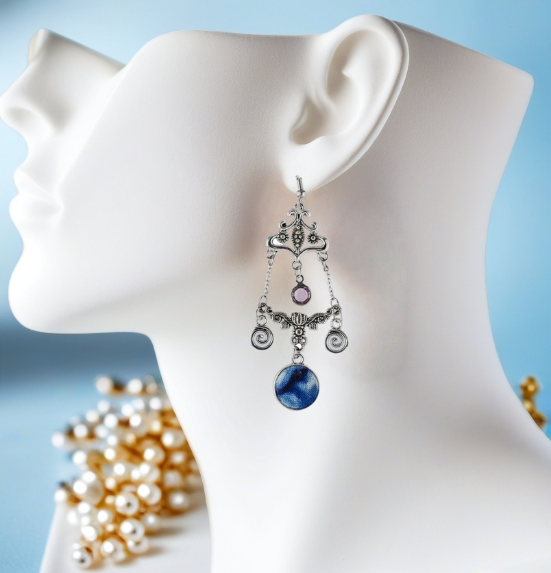 Handcrafted tie-dyed court silver amethyst earrings