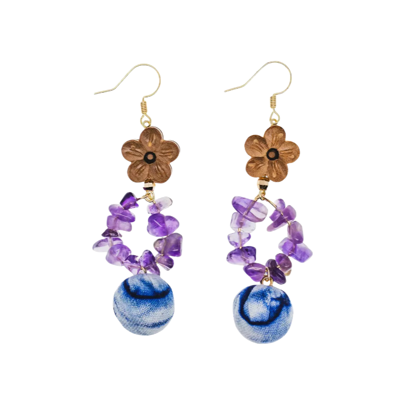 Handmade Tie-Dye Amethyst Crushed Stone Style Chinese Style Earrings