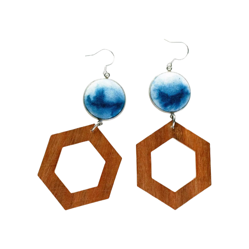 Handmade tie-dye wooden polygon-shaped earrings
