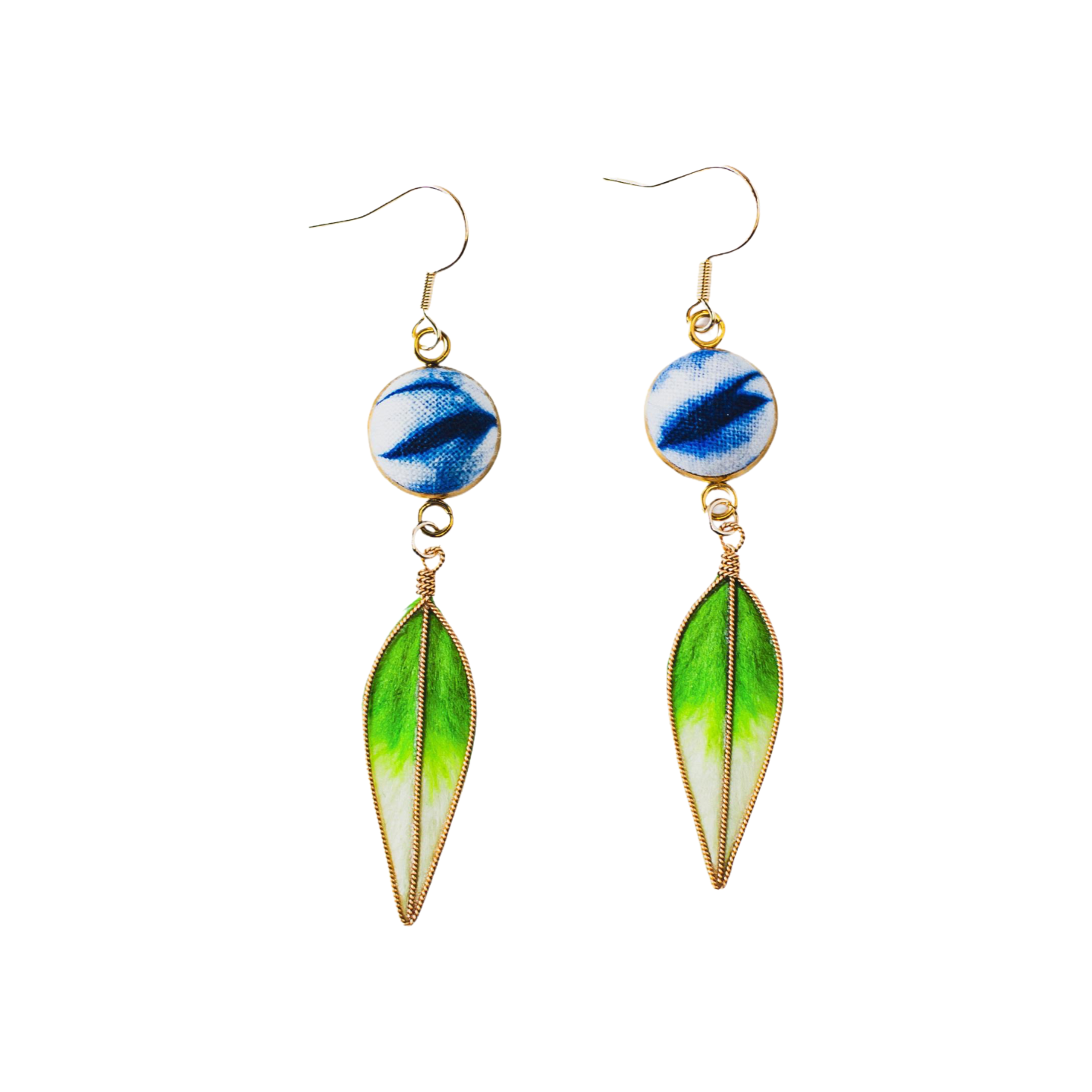 Handcrafted tie-dyed grass green leaf-shaped velvet flower earrings