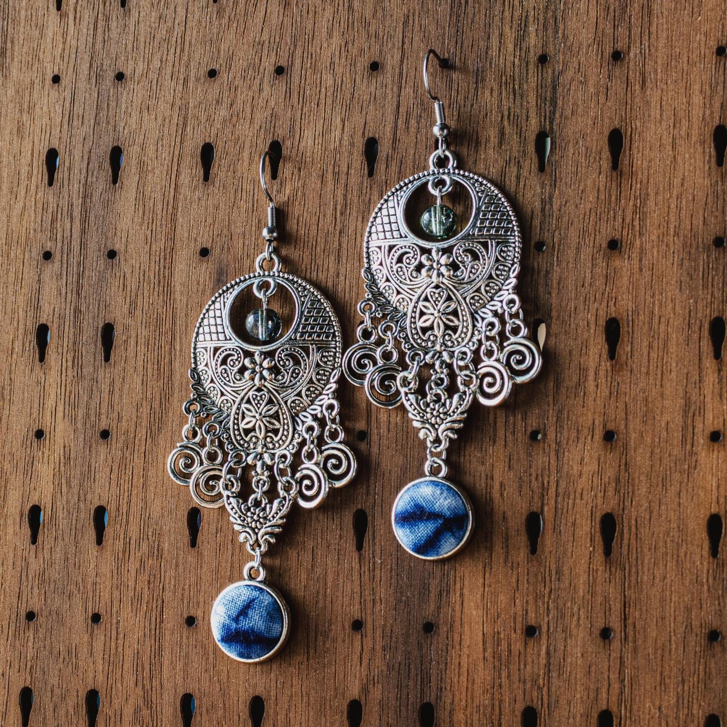 Handmade tie-dyed ethnic vacation silver earrings