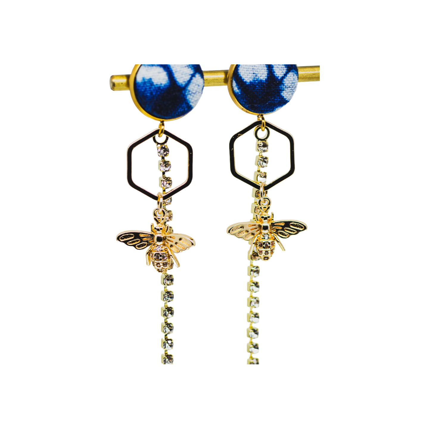 Handcrafted tie-dyed gilded bee earrings