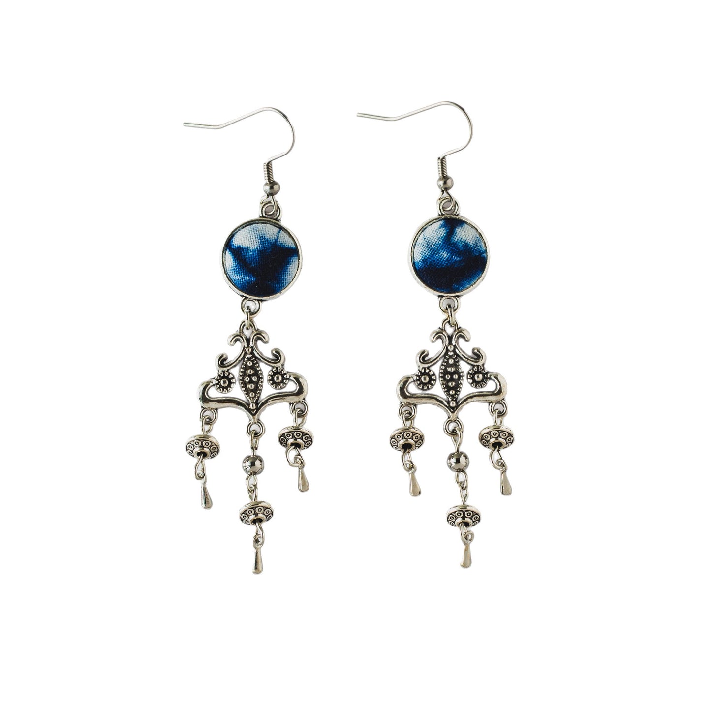 Handcrafted tie-dyed silver earrings in the style of a European castle