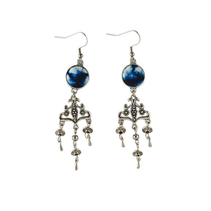 Handcrafted tie-dyed silver earrings in the style of a European castle
