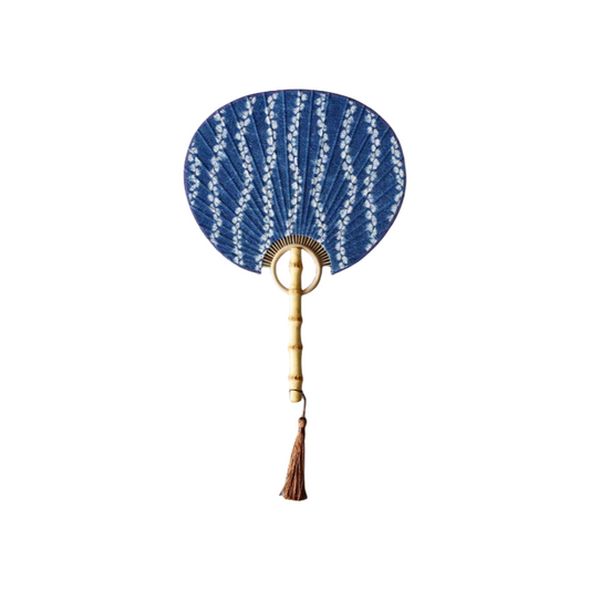 Handmade tie-dye fan with natural bamboo handle and wave-pattern design