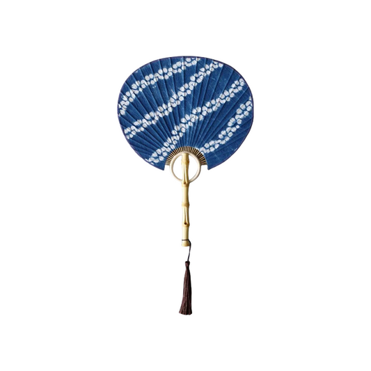 Handmade tie-dye fan with natural bamboo handle and plum blossom pattern