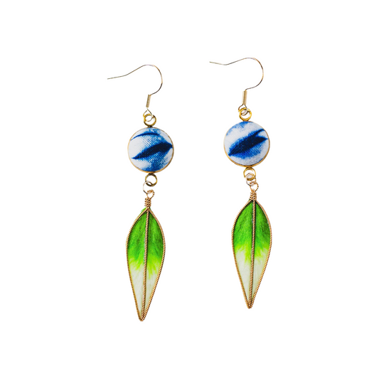 Handcrafted tie-dyed grass green leaf-shaped velvet flower earrings