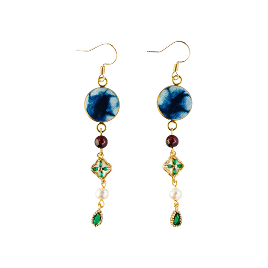Handcrafted tie-dyed emerald and pearl earrings