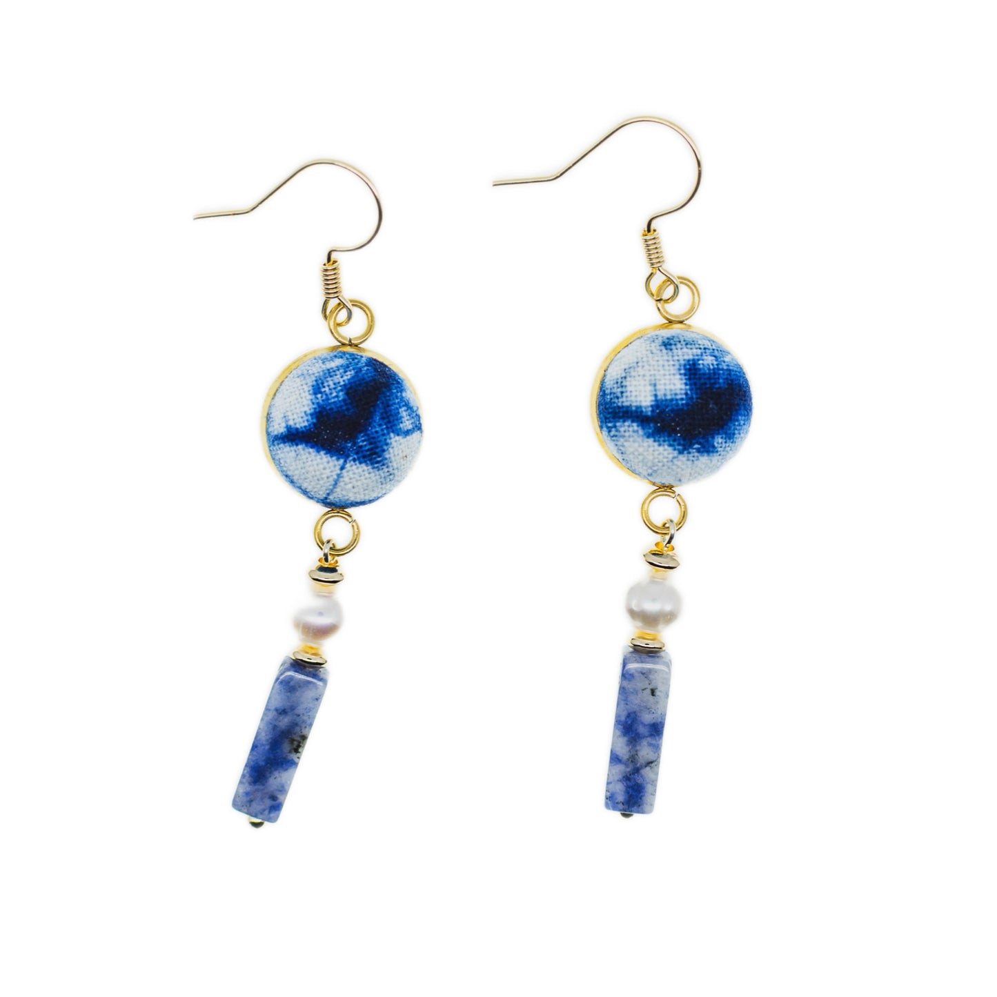 Handmade tie-dye pearl and blue-and-white enamel earrings